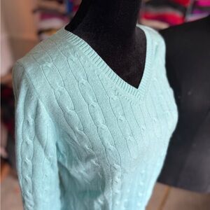 Cable Knit V-Neck Cashmere Sweater - Lightest Turquoise, S